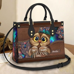 Owl Fractal Personalized Leather Bag, Crossbody Bag, Woman Shoulder Bag, Gift for girlfriend, Shopping Bag TD_TL100505Y