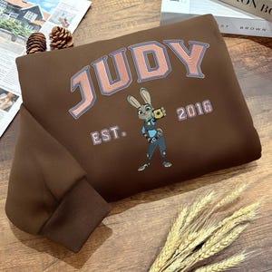 May include: A brown sweatshirt with the name "JUDY" embroidered in pink and blue. The sweatshirt features an embroidered cartoon rabbit character and the year "2016". The design is on the front of the sweatshirt.