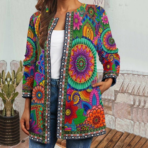 Colorful Flower Plus Size Jacket, Coat, Long Sleeves Jacket, Women Coat, Women Clothing, Gift for women, Women Jacket TD_HN190701M