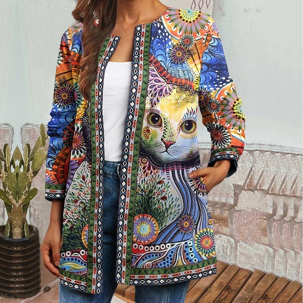 Colorful Cat Women Plus Size Jacket, Coat, Long Sleeves Jacket, Women Coat, Women Clothing, Gift for women, Women Jacket TD_TM080704Y