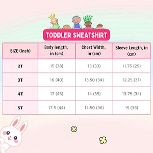 Puede incluir: Una tabla rosa con medidas para sudaderas de ni&ntilde;o peque&ntilde;o. La tabla incluye tallas 2T, 3T, 4T y 5T, con largo de cuerpo, ancho de pecho y largo de manga en cm y pulgadas. El texto "TODDLER SWEATSHIRT" est&aacute; en la parte superior.
