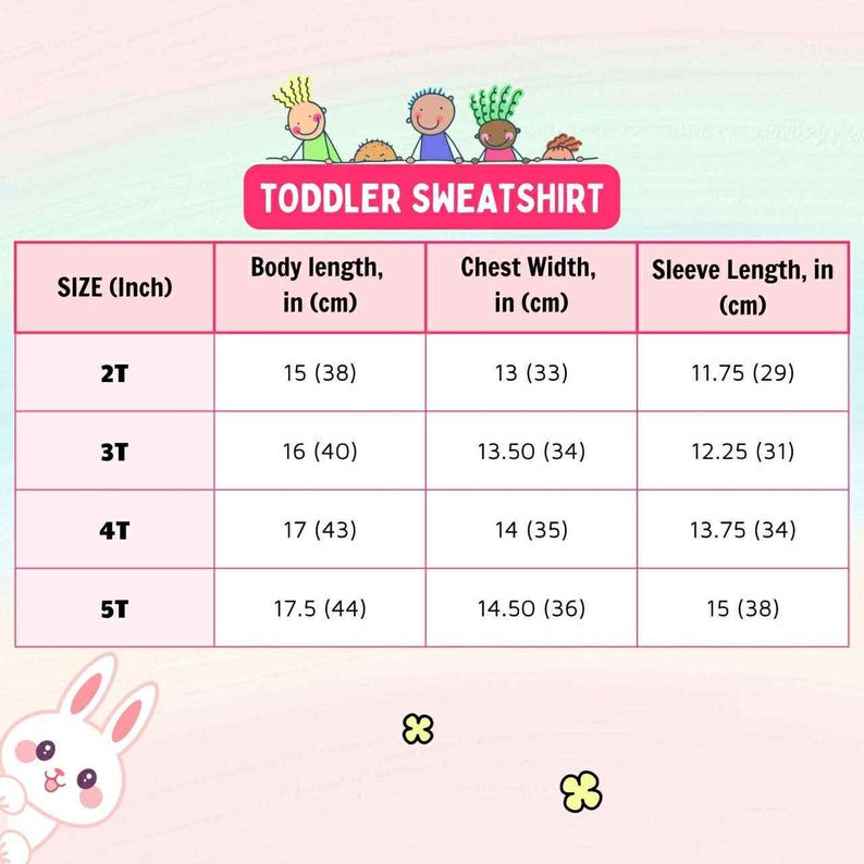Puede incluir: Una tabla rosa con medidas para sudaderas de ni&ntilde;o peque&ntilde;o. La tabla incluye tallas 2T, 3T, 4T y 5T, con largo de cuerpo, ancho de pecho y largo de manga en cm y pulgadas. El texto "TODDLER SWEATSHIRT" est&aacute; en la parte superior.