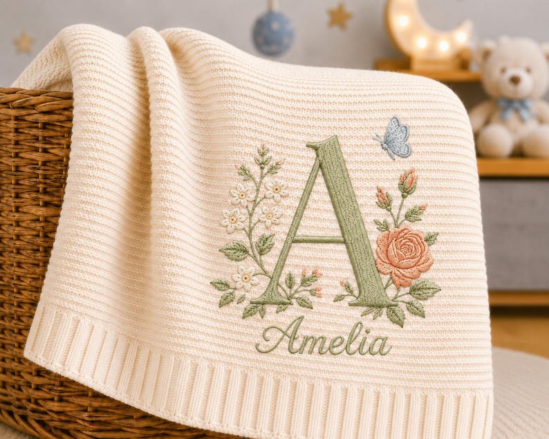 Personalized Embroidered Floral Initial Baby Knit Blanket, Custom Name ...