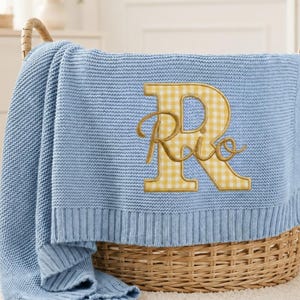Custom Name Caro Embroidered Baby Blanket, Personalized Text Gingham Knit Throw, Newborn Blanket, Nursery Keepsake, Newborn Gift For Baby