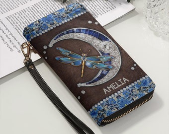 Personalized Dragonfly Leather Wallet, Zipper wallet, Pocket wallet, Long Wallet TD_TM270604Y2