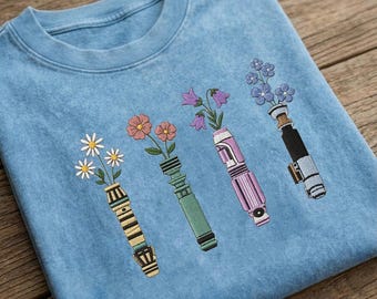Floral Lightsaber Embroidered Mineral Wash T-Shirt, Star Wars Flower Saber, Cute Sci Fi Tee, Disney Galaxy Shirt, Aesthetic Gift for Her