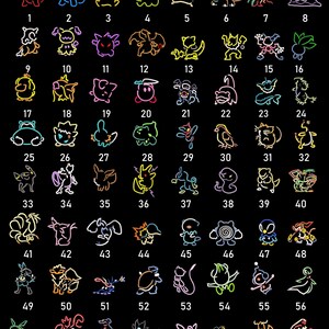 May include: A grid of 64 neon-style illustrations of various creatures, each with a unique design and number. The creatures are outlined in bright colors like yellow, orange, and green against a black background. The numbers 1-64 are displayed below each creature.