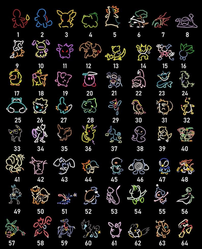 May include: A grid of 64 neon-style illustrations of various creatures, each with a unique design and number. The creatures are outlined in bright colors like yellow, orange, and green against a black background. The numbers 1-64 are displayed below each creature.