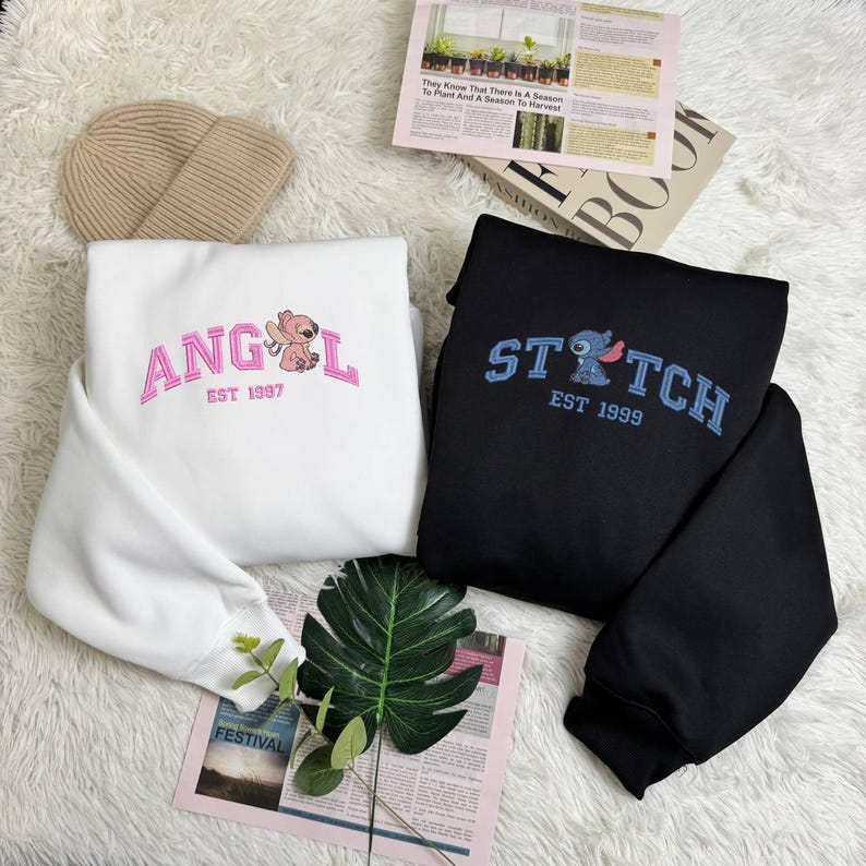 Couple Stitch And Angel Embroidered Sweatshirt, Cartoon Couple Shirt, Valentine Shirt, Trending Couple Gift, Gift For Him image 1