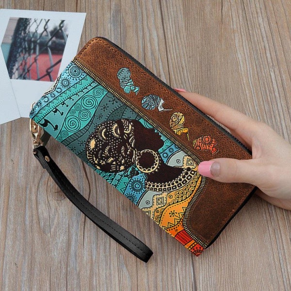 African American Tribal Leather Wallet, Wallet, Zipper wallet, Pocket wallet, Long Wallet, Women's Wallet TD_TM230505Y