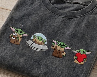 Koszulka z haftowanym motywem Baby Yody w kolorze mineralnym, koszulka z motywem Grogu z Gwiezdnych Wojen, uroczy T-shirt z Mandalorian, koszulka z filmu Disney, zabawny prezent dla Yody, koszulka dla fana science fiction