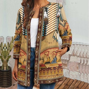 Native American Beadwork Owl Plus Size Jacket,  Long Sleeves Jacket, Women Coat, Women Clothing, Gift for women, Women Jacket TD_TL210711Y