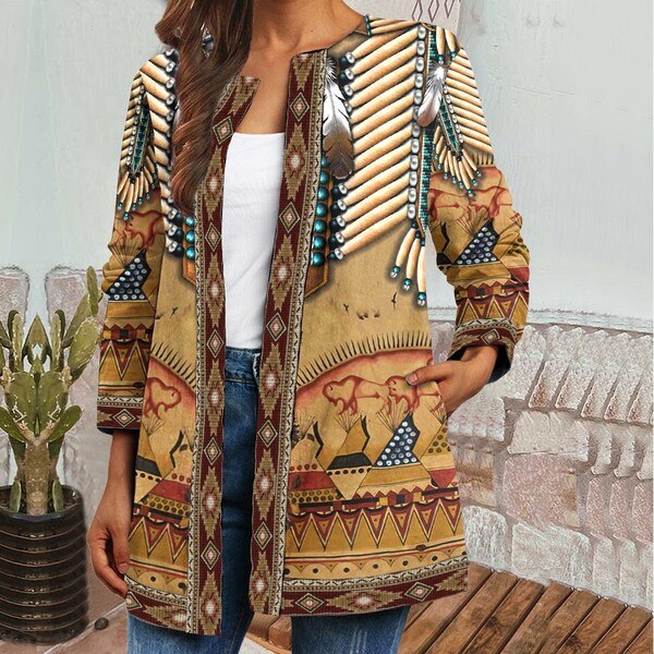 Native American Beadwork Owl Plus Size Jacket, Veste à manches longues, Manteau femme, Vêtements pour femmes, Cadeau pour femmes, Veste femme TD_TL210711Y