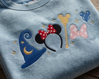 Disney Minnie Mouse Wizard Embroidered Mineral Wash Shirt, Mickey Minnie Balloons And Wand Tee, Magical Park Vacation Gift