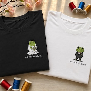 Embroidered We Ride At Dawn Mineral Wash T-Shirt, Bride Groom Frog Shirt, Funny Wedding Couple Tee, Meme Bridal Gift For Her