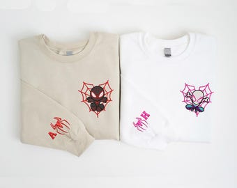 Suéter bordado de pareja de arañas, sudaderas de dibujos animados, sudadera bordada de San Valentín, cuello redondo de tendencia, Spiderman