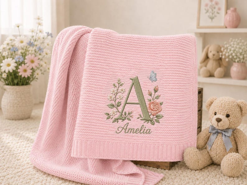 Personalized Embroidered Floral Initial Baby Knit Blanket, Custom Name ...