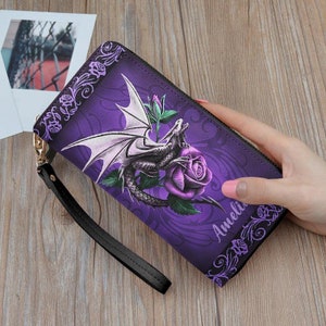 Personalized Purple Dragon Leather Wallet, Wallet, Zipper wallet, Pocket wallet, Long Wallet, Women's Wallet TD_TM010705Y