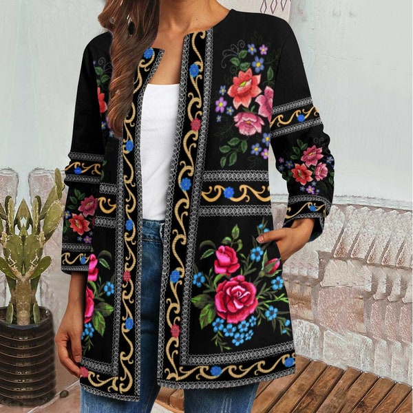 Embroidered Flower Plus Size Jacket, Coat, Long Sleeves Jacket, Women Coat, Women Clothing, Gift for women, Women Jacket TD_HM200703M