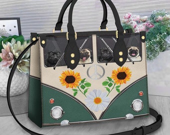 Pug Hippie Bus Leather Bag, Crossbody Bag, Woman Shoulder Bag, Gift for girlfriend, Shopping Bag TD_MT130503D