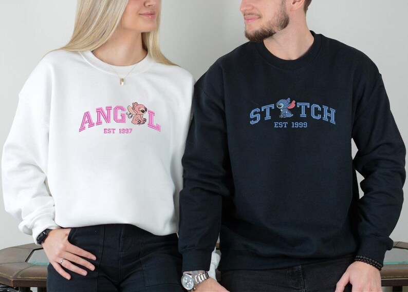 Couple Stitch And Angel Embroidered Sweatshirt, Cartoon Couple Shirt, Valentine Shirt, Trending Couple Gift, Gift For Him image 4