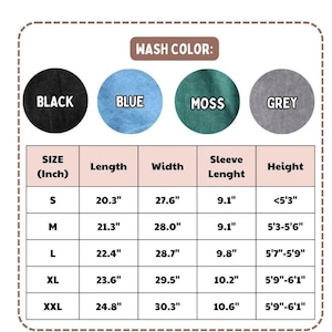 May include: A chart displaying wash colors and size measurements for a garment. Colors include black, blue, moss, and grey. Sizes range from S to XXL, with measurements in inches for length, width, sleeve length, and height.