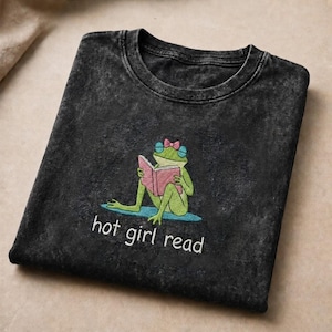 Hot Girl Read Embroidered Mineral Wash T-Shirt, Funny Frog Reading Shirt, Book Lover Gift For Her, Reader Tee