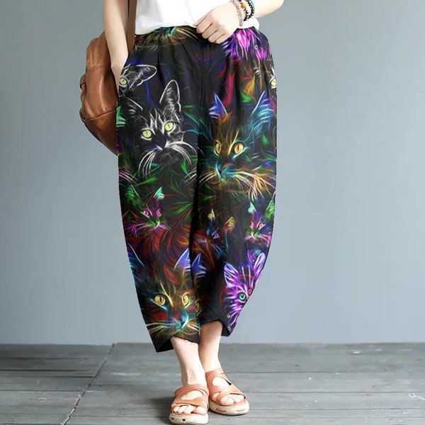 Neon Cat Casual Women Lounge Waist Pants, Casual Loose, Large Size Trousers, Wide Leg Pants HN260612