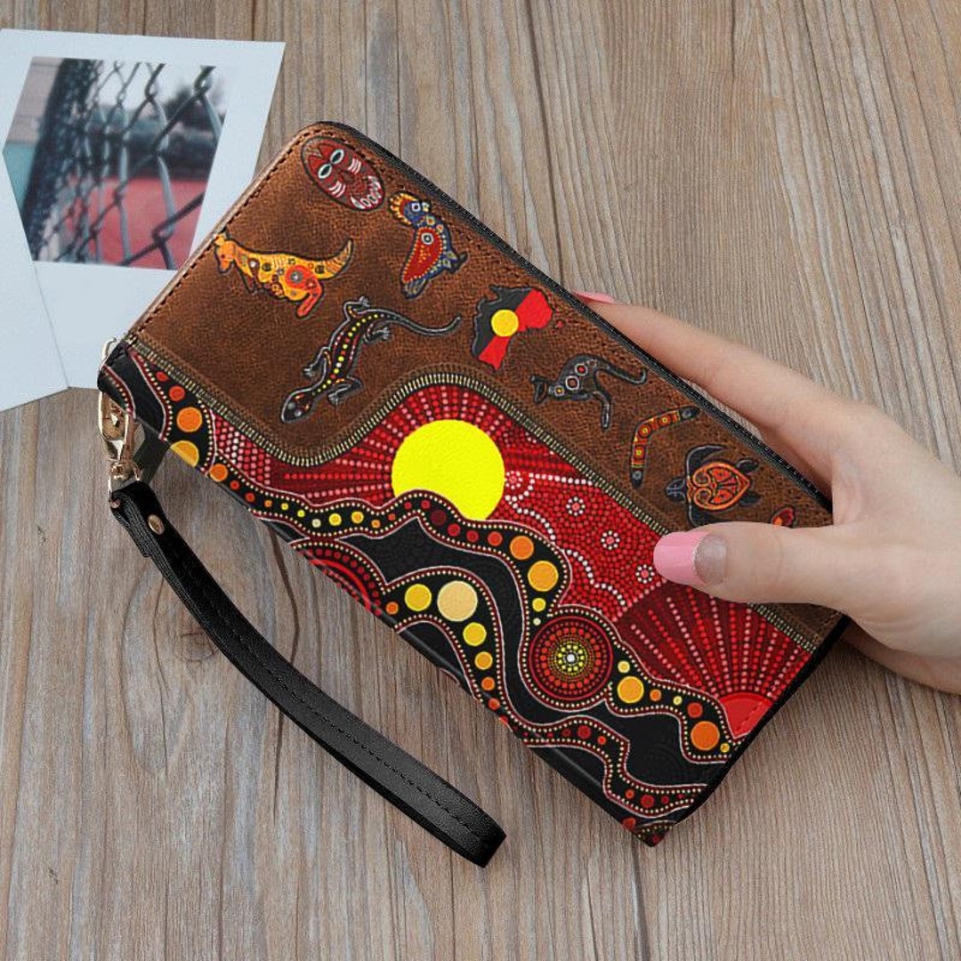 Aboriginal Australian Leather Wallet, Wallet, Zipper Wallet, Pocket Wallet, Long Wallet, Women's