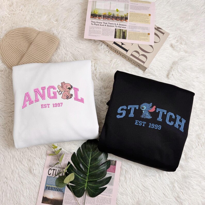 Couple Stitch And Angel Embroidered Sweatshirt, Cartoon Couple Shirt, Valentine Shirt, Trending Couple Gift, Gift For Him image 2