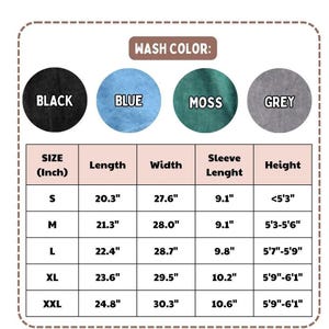 May include: A chart showing wash colours and garment size measurements. Colours include black, blue, moss, and grey. Sizes range from S to XXL, with measurements in inches, converted to cm, for length, width, sleeve length, and height.