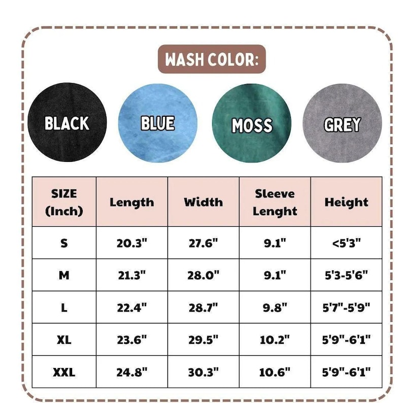 May include: A chart showing wash colours and garment size measurements. Colours include black, blue, moss, and grey. Sizes range from S to XXL, with measurements in inches, converted to cm, for length, width, sleeve length, and height.