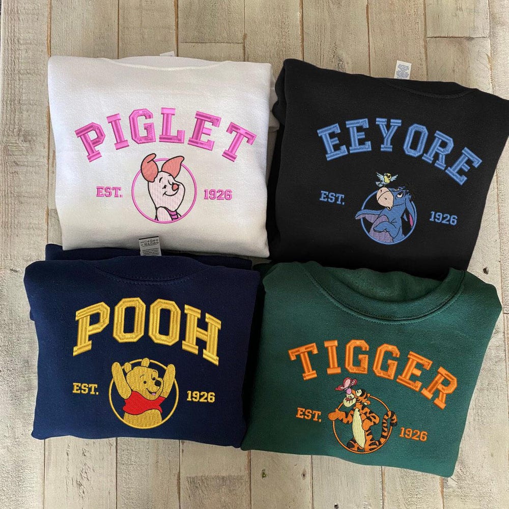 Trending Shirt Embroidery Pooh And Friends Sweatshirt, Winnie-The-Pooh, Tigger, Piglet, Eeyore, Cartoon Shirt,Gift For Friends,Halloween Gift Eh364-Esh122 Embroidery Sweatshirt
