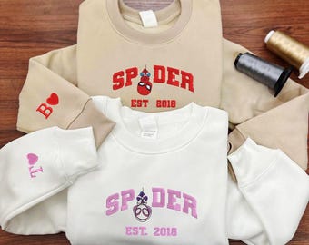 Suéter bordado de pareja de arañas, sudaderas de dibujos animados, sudadera bordada de San Valentín, cuello redondo de tendencia, Spiderman