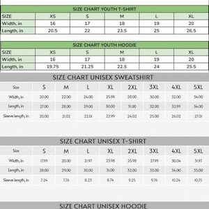 May include: A size chart for youth and unisex apparel, including sweatshirts, t-shirts, and hoodies. The chart displays measurements in inches for width, length, and sleeve length, with sizes ranging from XS to 5XL.