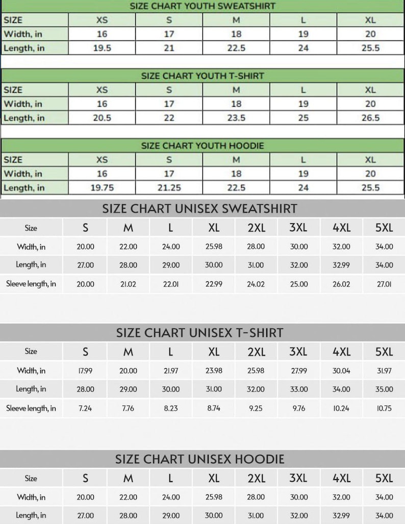 May include: A size chart for youth and unisex apparel, including sweatshirts, t-shirts, and hoodies. The chart displays measurements in inches for width, length, and sleeve length, with sizes ranging from XS to 5XL.