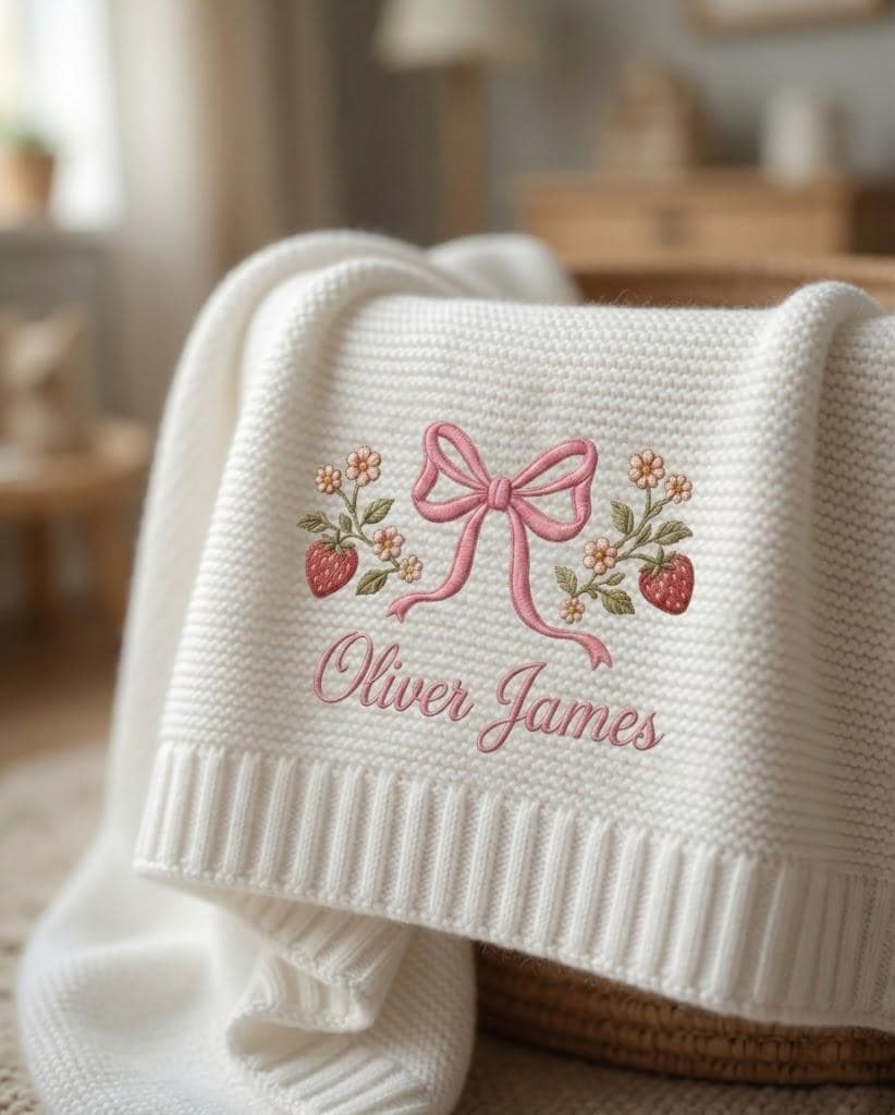 Embroidered Custom Name Strawberry Blanket, Personalized Baby