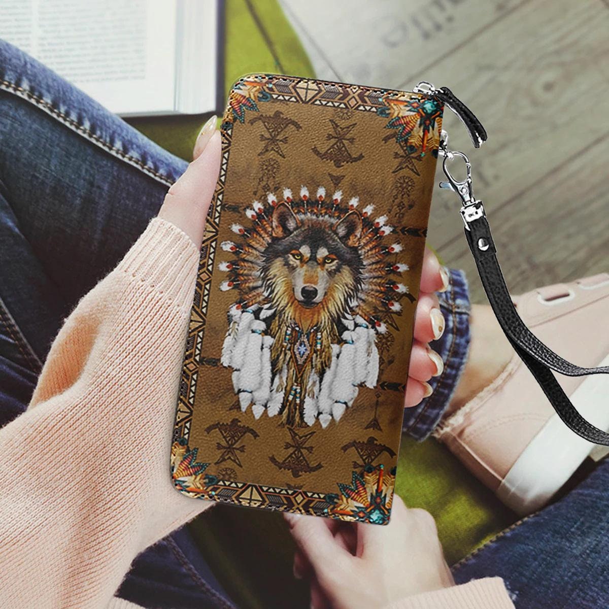 Native American Wolf Leather Wallet, Wallet, Zipper wallet, Pocket