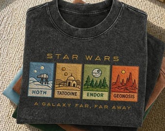 Embroidered Star Wars Stamps Mineral Wash T-Shirt, Vintage Movie Graphic Tee, Disney Inspired Galaxy Shirt, Retro Washed Sci Fi Tee