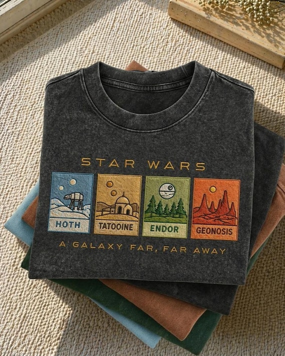 Embroidered Star Wars Stamps Mineral Wash T-Shirt, Vintage Movie Graphic Tee, Disney Inspired Galaxy Shirt, Retro Washed Sci Fi Tee