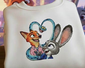 Disney Nick and Judy Couple Embroidered Sweatshirt, Zootopia 2 Movie Shirt, Disney Cartoon Couple Tee, Valentine Gift For Couple