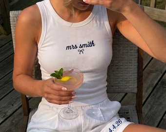 Custom Future Mrs Embroidered CropTOP Tank Top, Personalized Bride Name Shirt, Bachelorette Party Outfit, Girly Honeymoon Top Gift