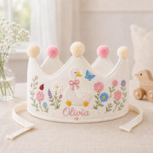 Personalized Goose Embroidered Birthday Crown, Custom Floral Baby Crown, Duck First Birthday Hat, Ladybug Garden Crown, Name Gift