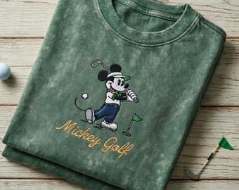 Camiseta Mickey Jogando Golfe Bordada com Lavagem Mineral, Camiseta de Golfe Disney Mouse-ter's, Presente para o Dia dos Pais