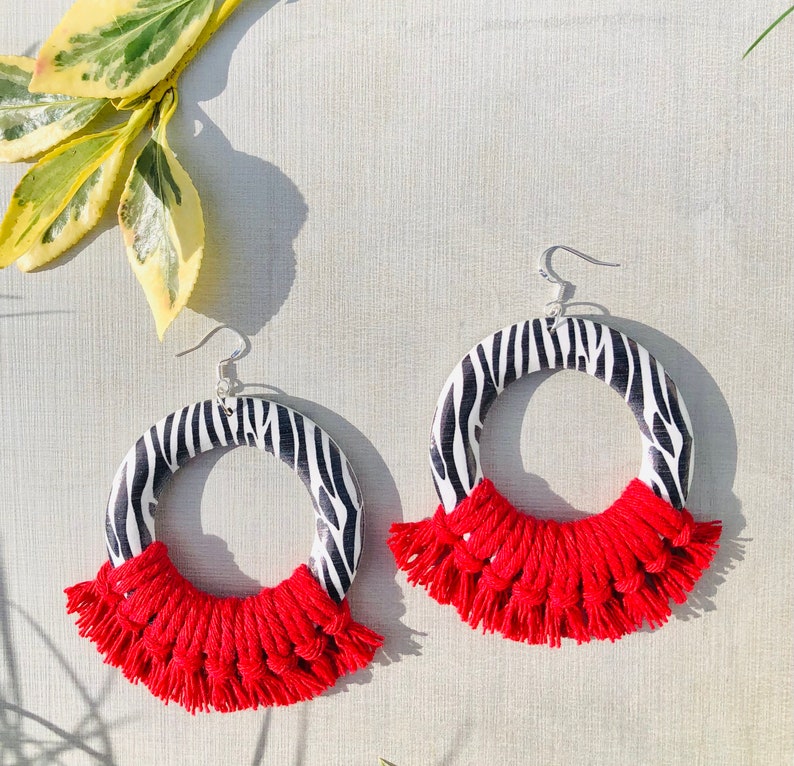 Zebra Macrame Earrings. Wooden Jewelry. Safari Earrings. image 5