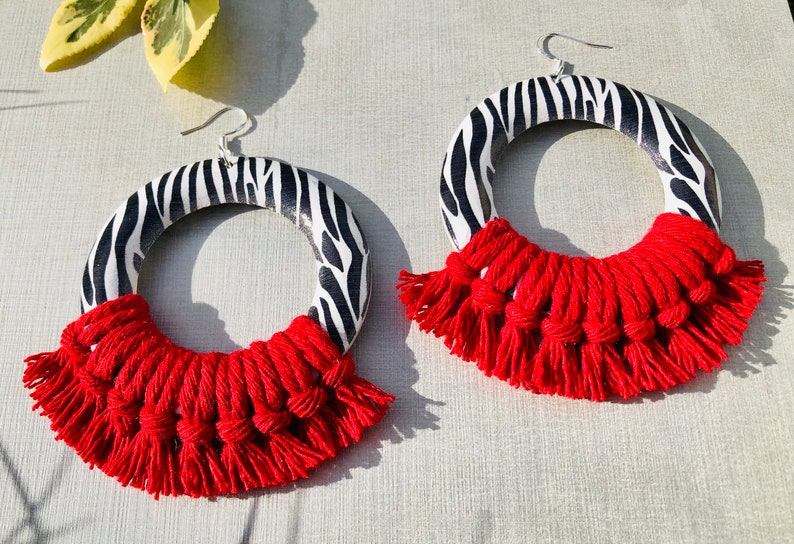 Zebra Macrame Earrings. Wooden Jewelry. Safari Earrings. image 4