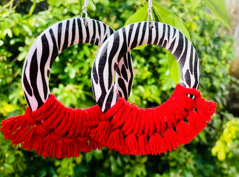 Zebra Macrame Earrings. Wooden Jewelry. Safari Earrings. image 3