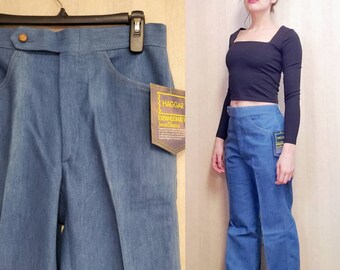 70s high waisted bell bottom jeans, deadstock, vintage wide leg pants, high rise flare, light blue trousers, women's size 32 waist