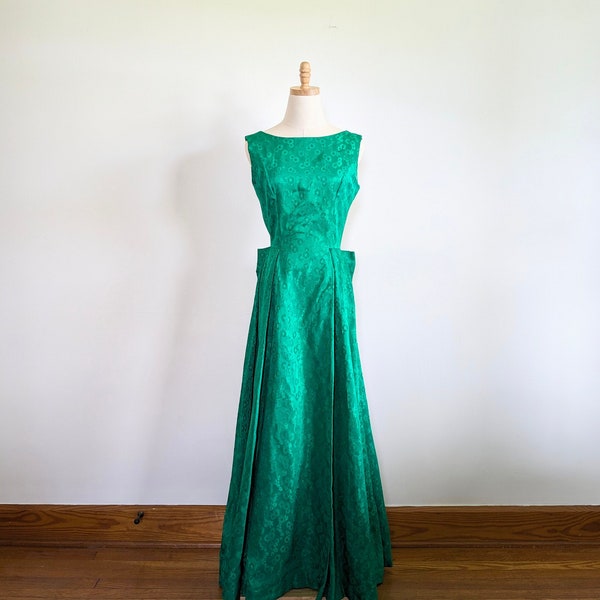 60s green satin jacquard gown, vintage formal floral embroidered dress with large bow, 1960s, scoop back, women's size small