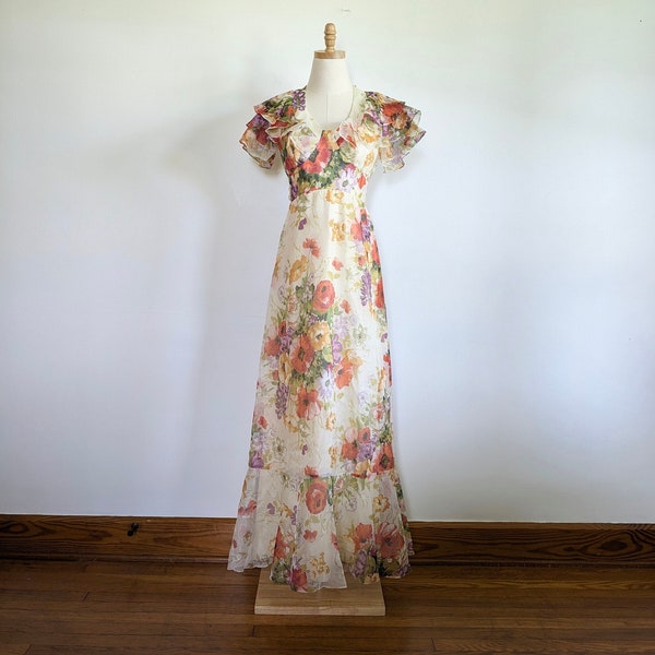 60s floral ruffle maxi dress, organza, off-white cream, bow, butterfly sleeves, open back, women's size small